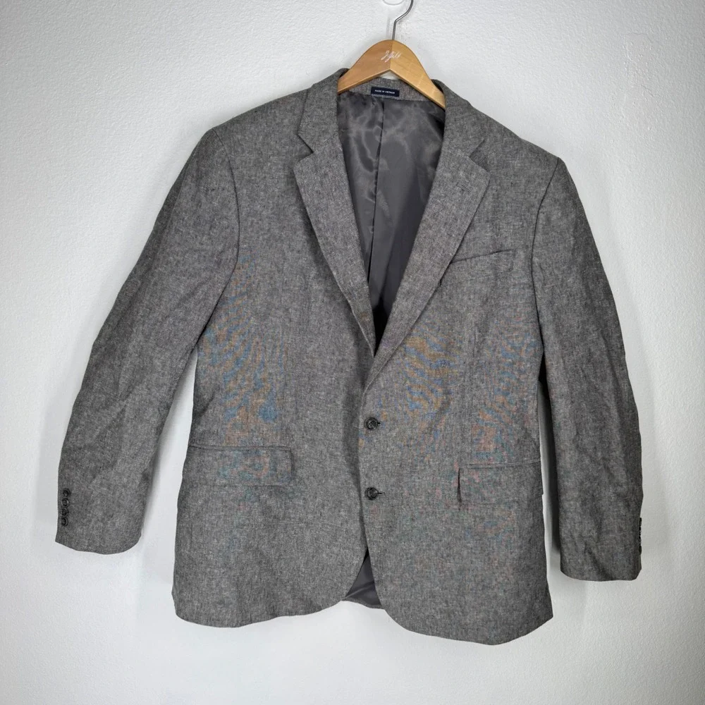 Stafford Linen Cotton Sport Coat Blazer Classic Fit 46 Long Chambray Gray Summer